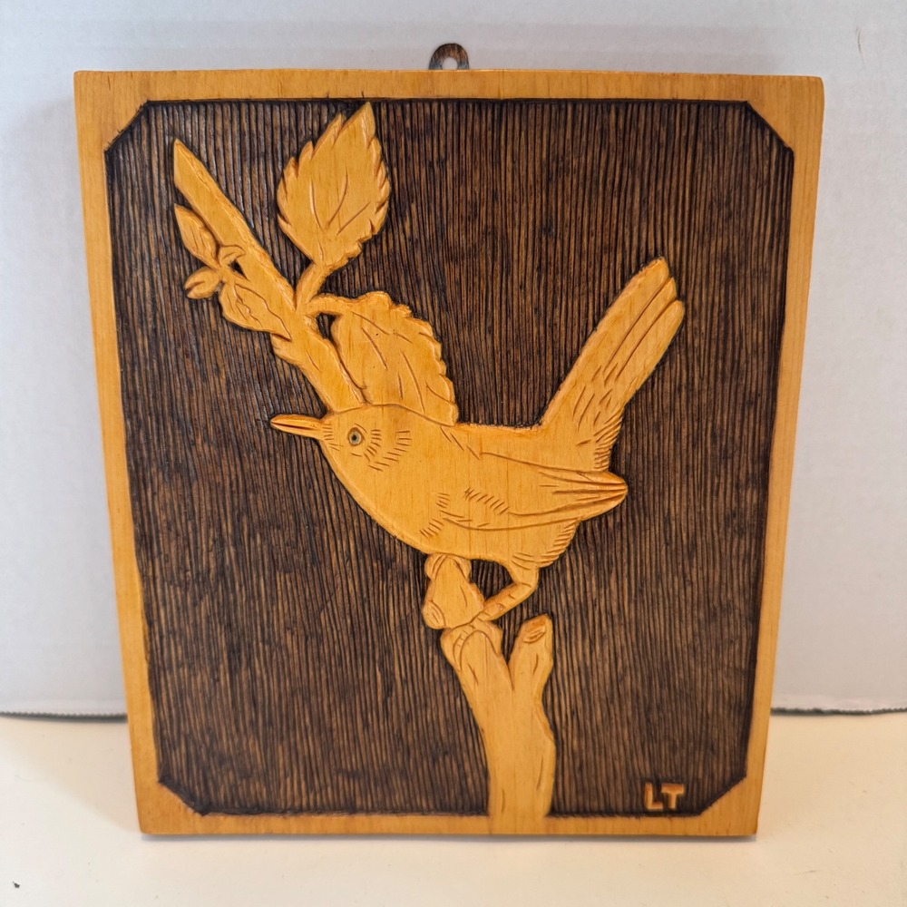 Vintage MCM Farmhouse Cottagecore Wood Bird Wall Plaque Carved Art Decor Signed